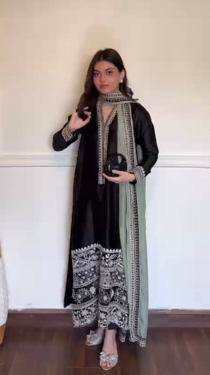 Black Glass Silk Kurta Set with Intricate Thread Work & Organza Dupatta