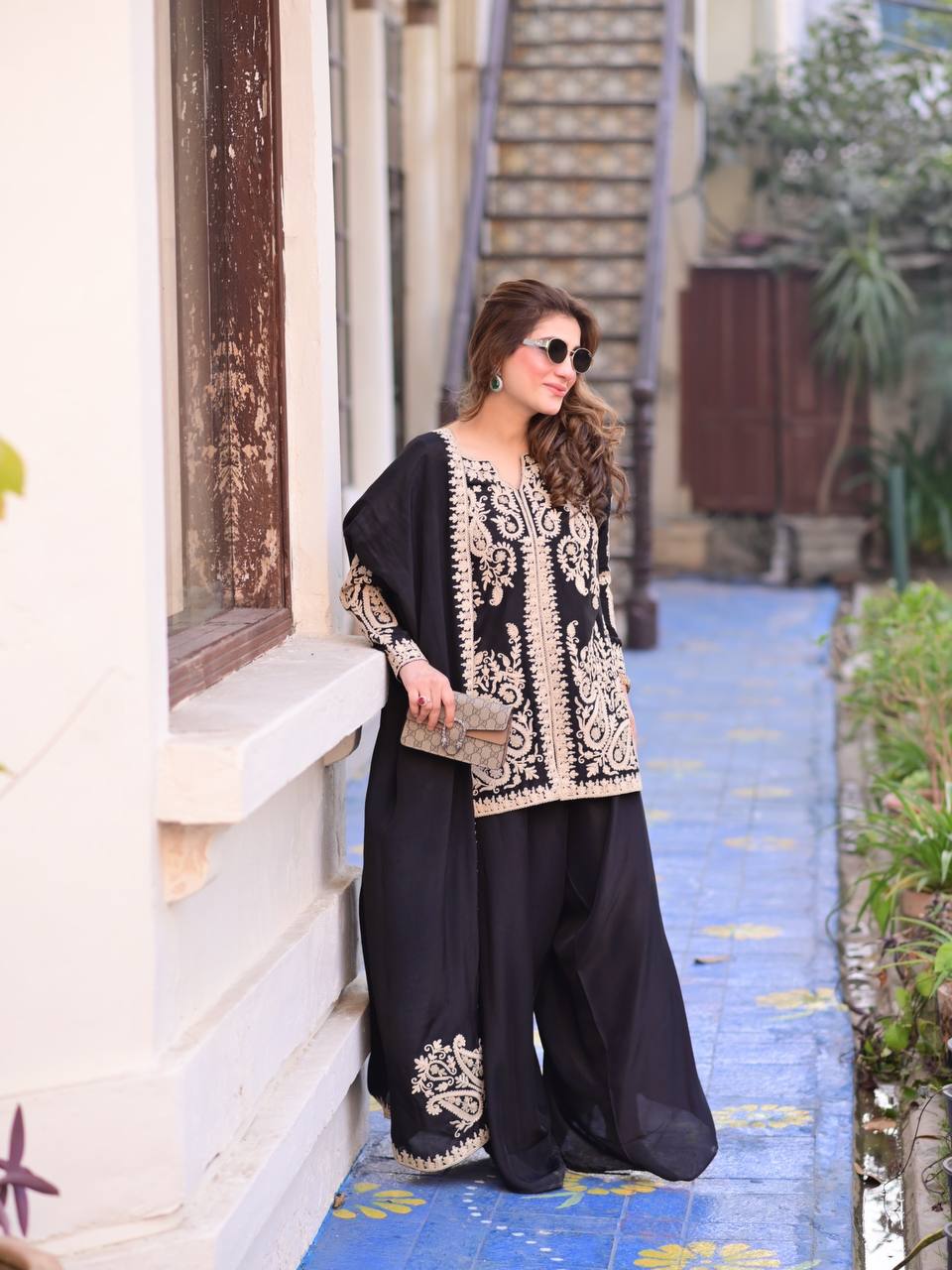 Black Pakistani Suit Party Wear Cross Stitch Georgette Salwar Kameez