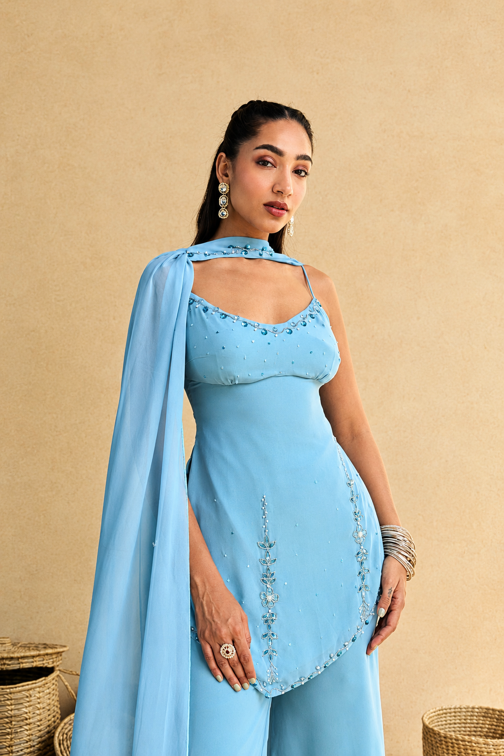 Sky Blue Embroidered Kurta Palazzo Set with Dupatta for Women