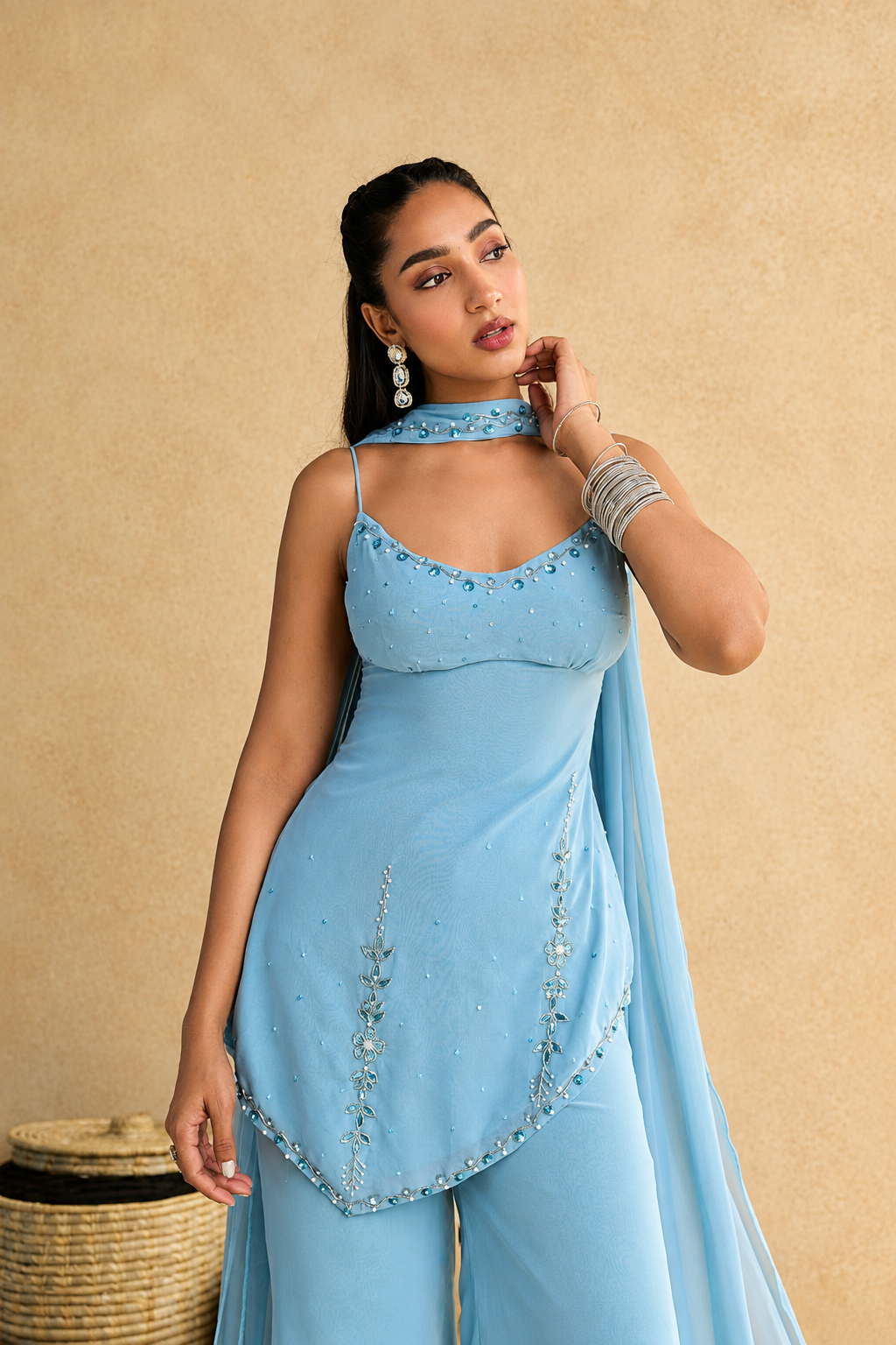 Sky Blue Embroidered Kurta Palazzo Set with Dupatta for Women