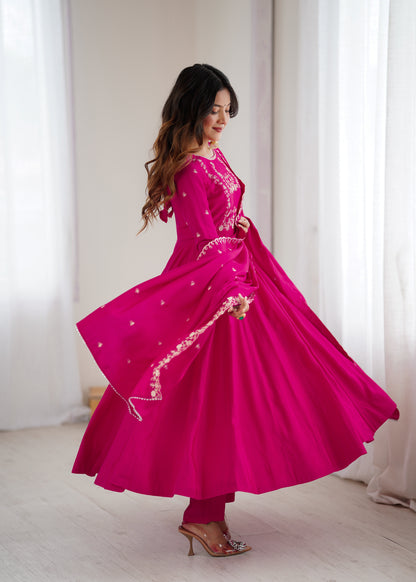 Dark Pink Roman Chanderi Silk Salwar Suit Party Wear for Women
