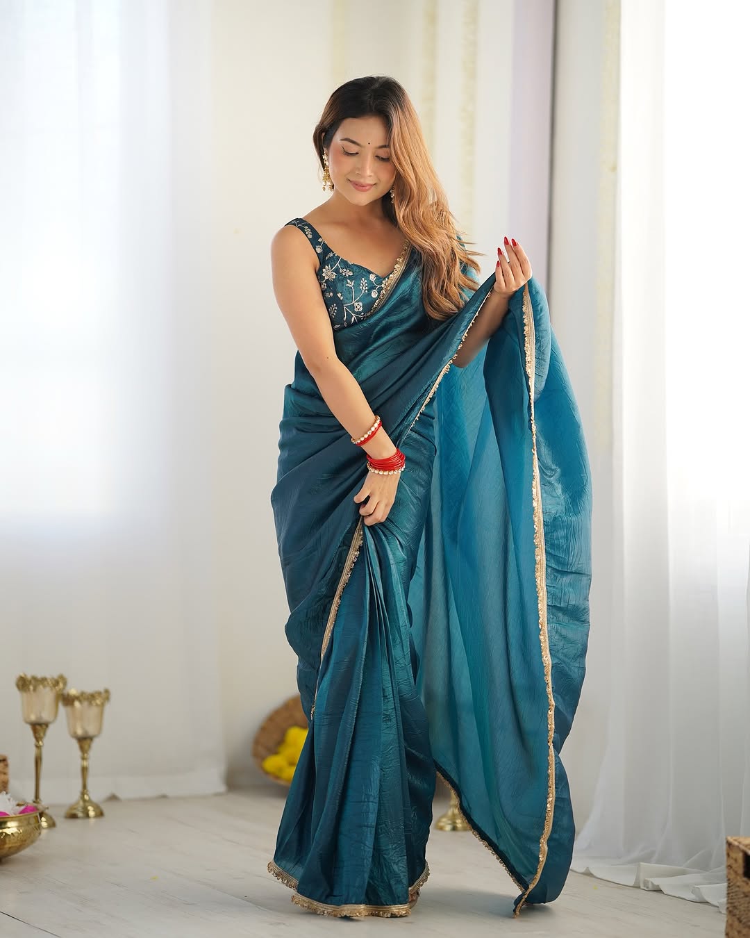 Ready to Wear Metallic Tissue Saree with Embroidered Blouse