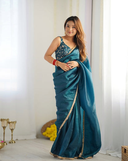 Ready to Wear Metallic Tissue Saree with Embroidered Blouse