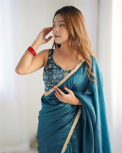 Ready to Wear Metallic Tissue Saree with Embroidered Blouse