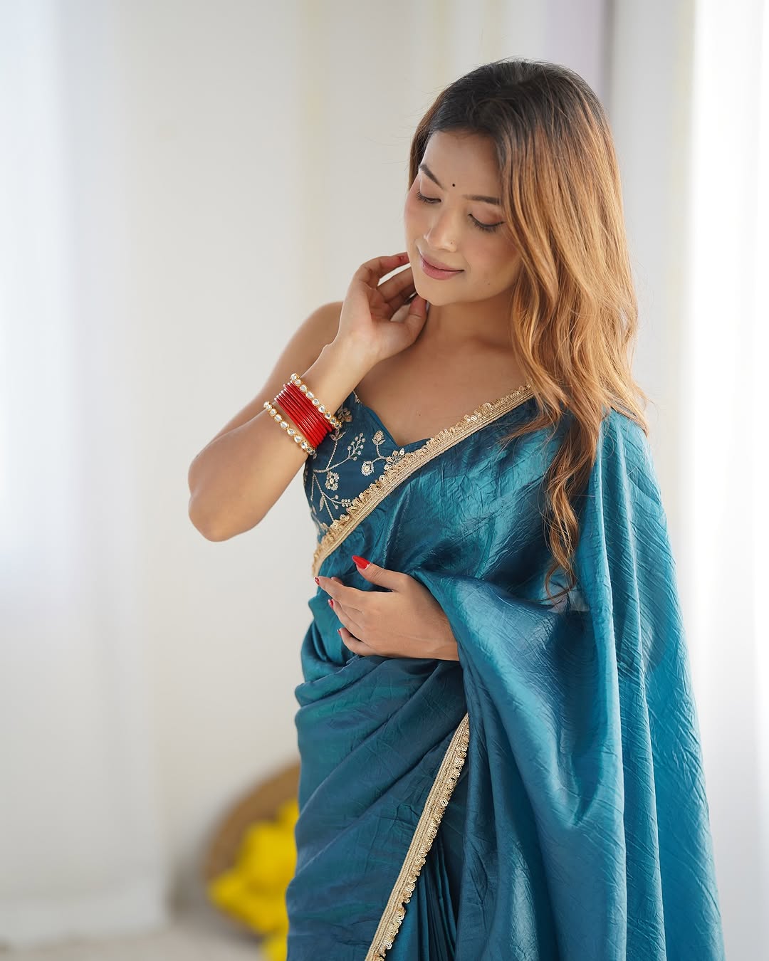 Ready to Wear Metallic Tissue Saree with Embroidered Blouse