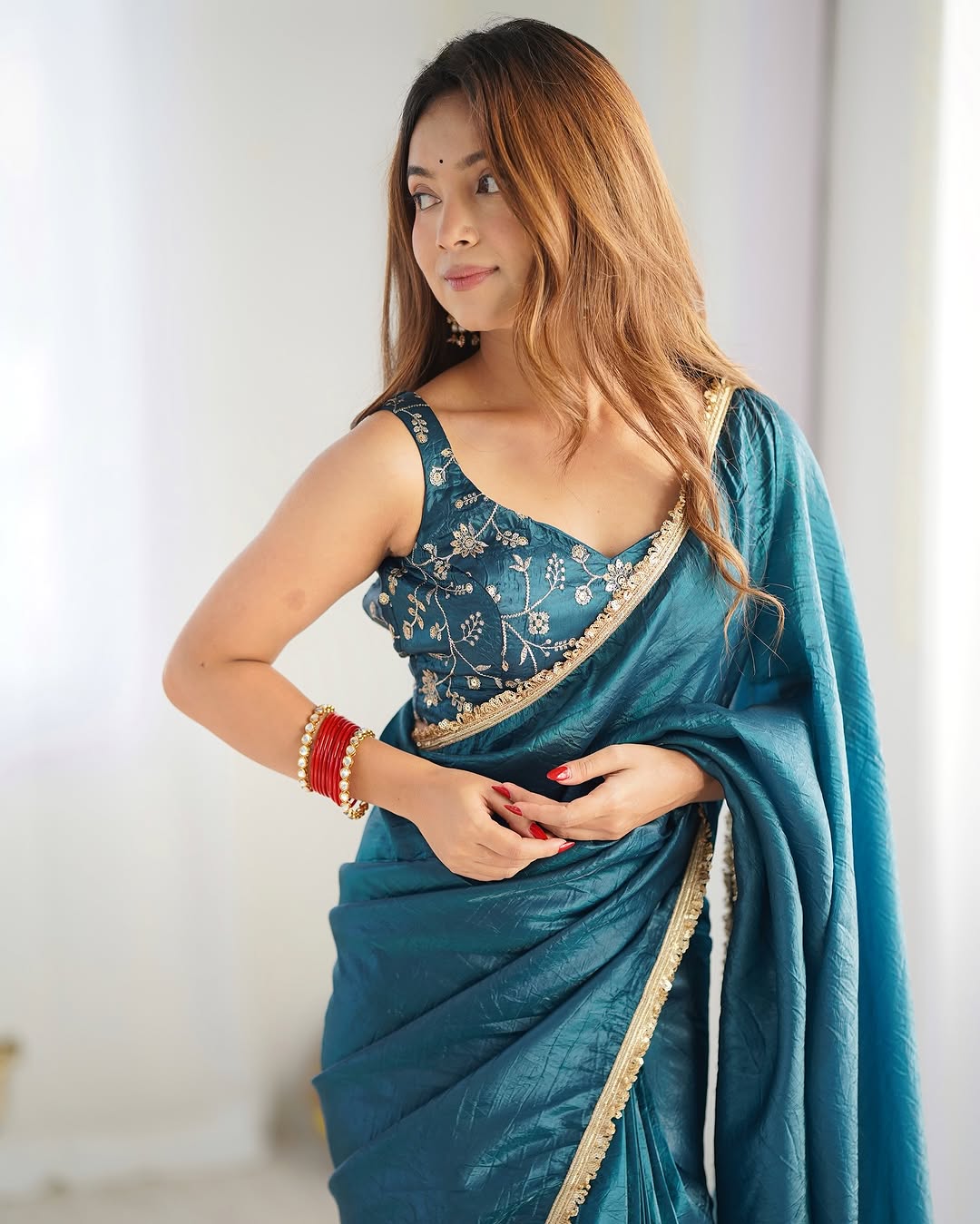 Ready to Wear Metallic Tissue Saree with Embroidered Blouse