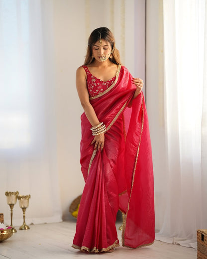 Ready to Wear Metallic Tissue Saree with Embroidered Blouse