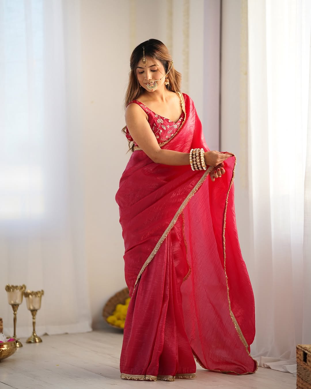 Ready to Wear Metallic Tissue Saree with Embroidered Blouse
