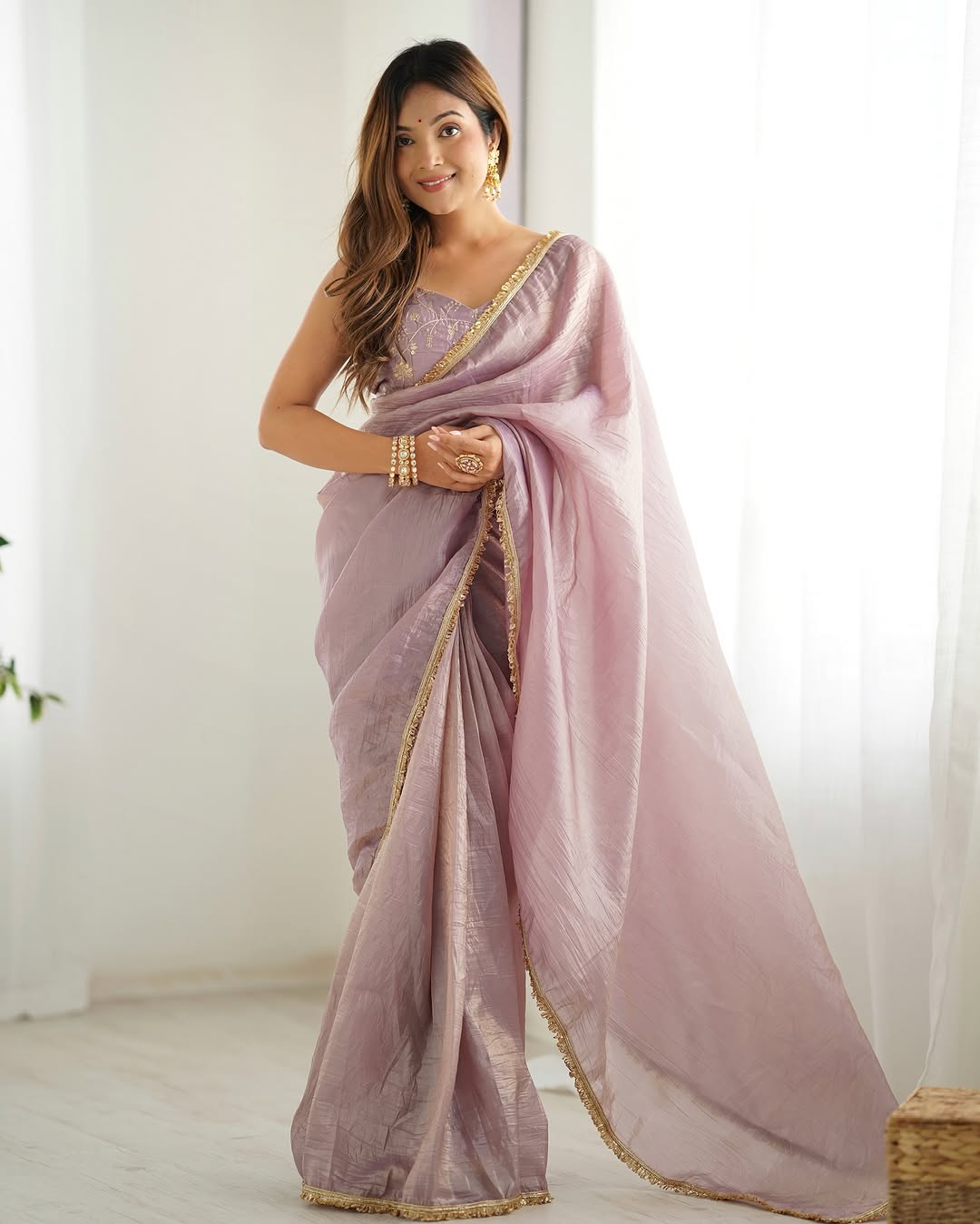 Ready to Wear Metallic Tissue Saree with Embroidered Blouse