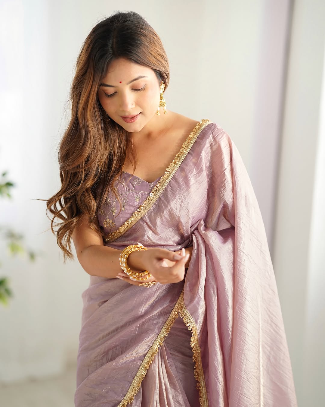 Ready to Wear Metallic Tissue Saree with Embroidered Blouse