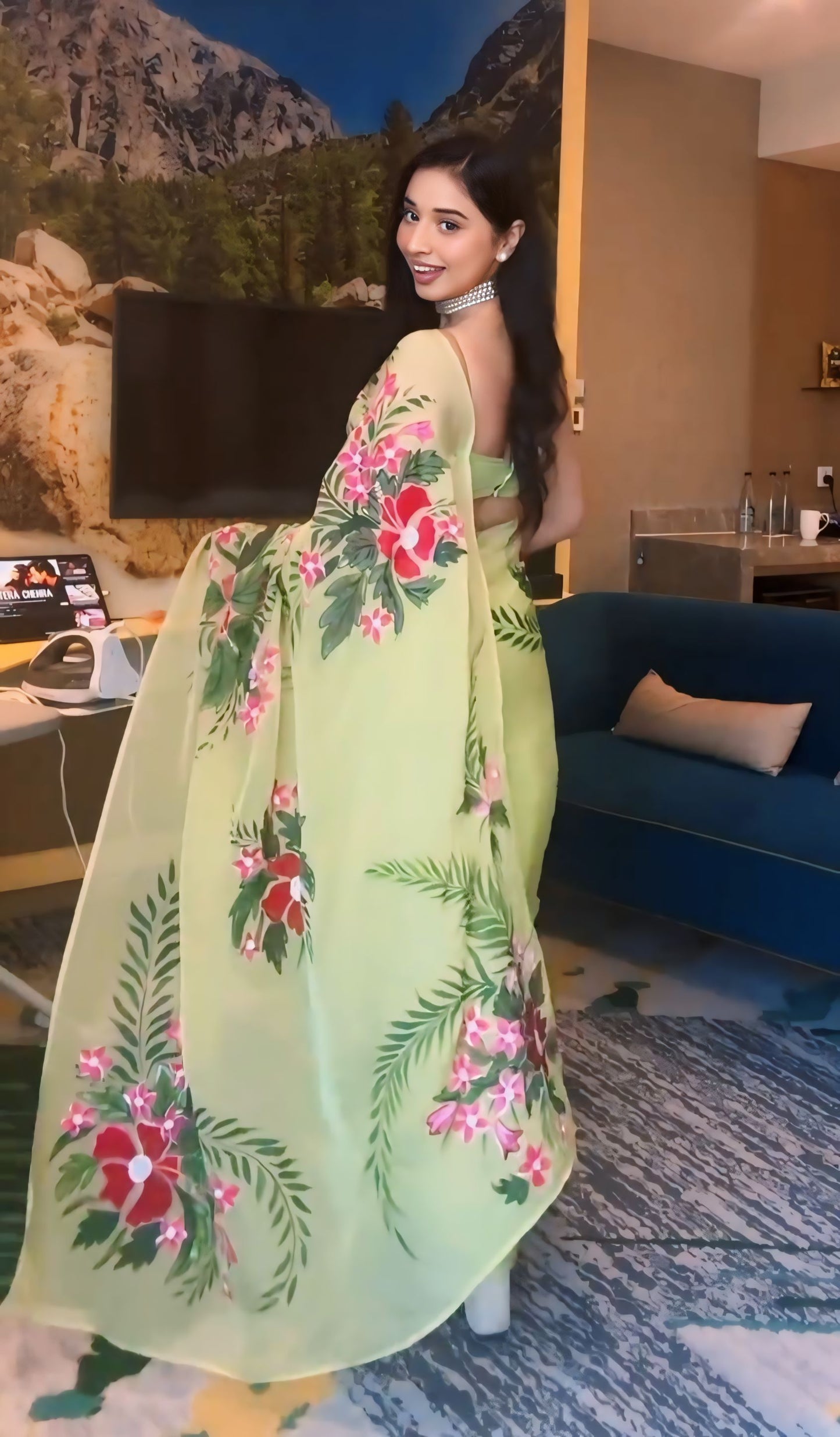 Pistachio Green Floral Ready to Wear Georgette Saree