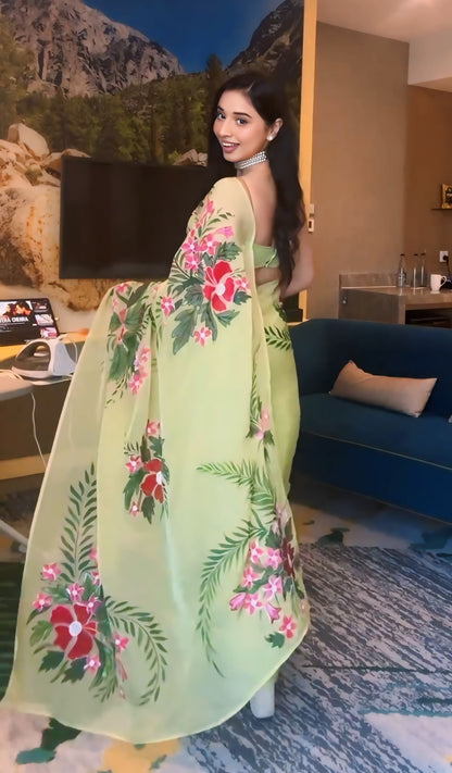 Pistachio Green Floral Ready to Wear Georgette Saree
