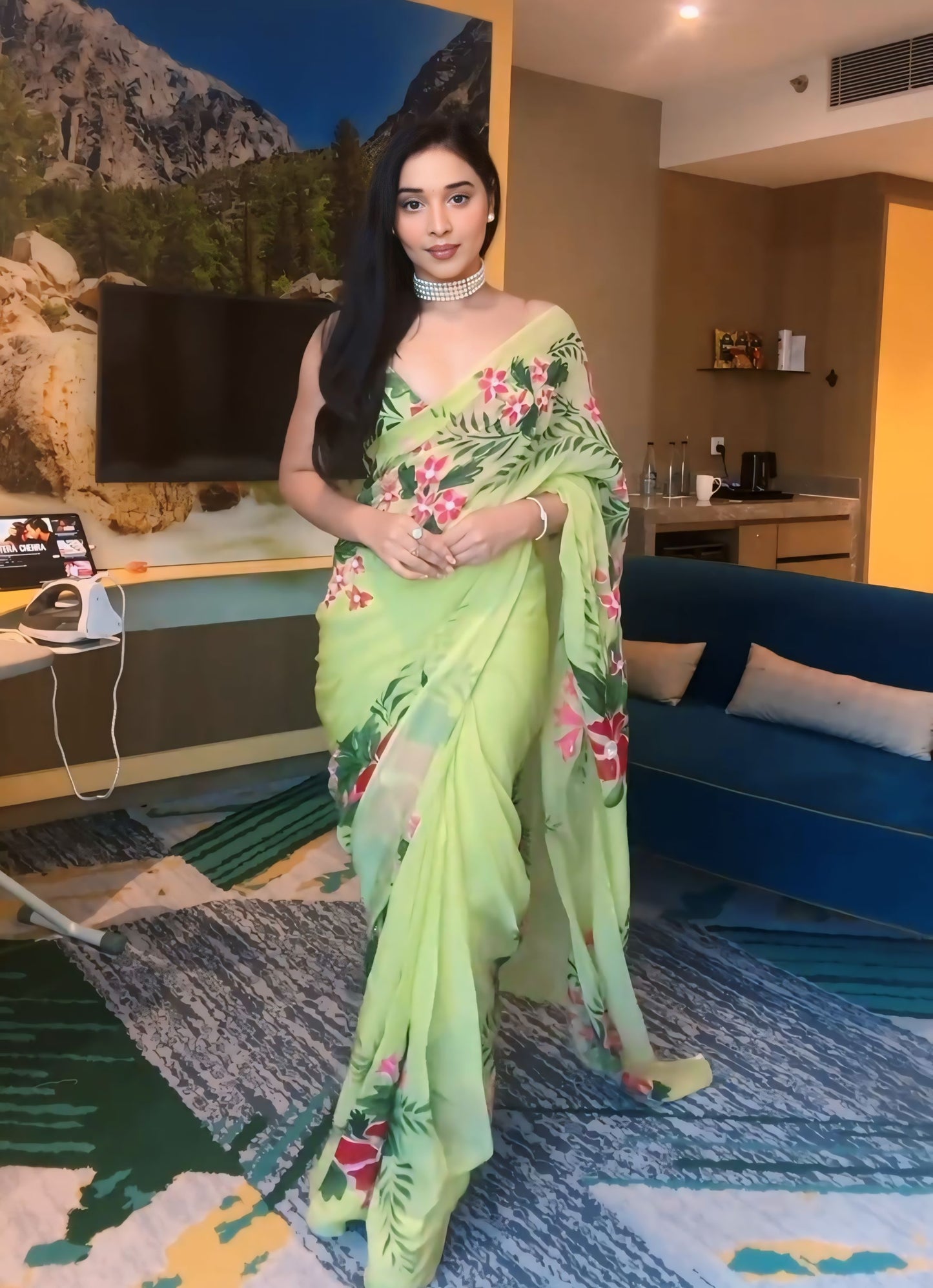 Pistachio Green Floral Ready to Wear Georgette Saree