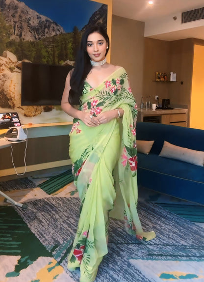 Pistachio Green Floral Ready to Wear Georgette Saree