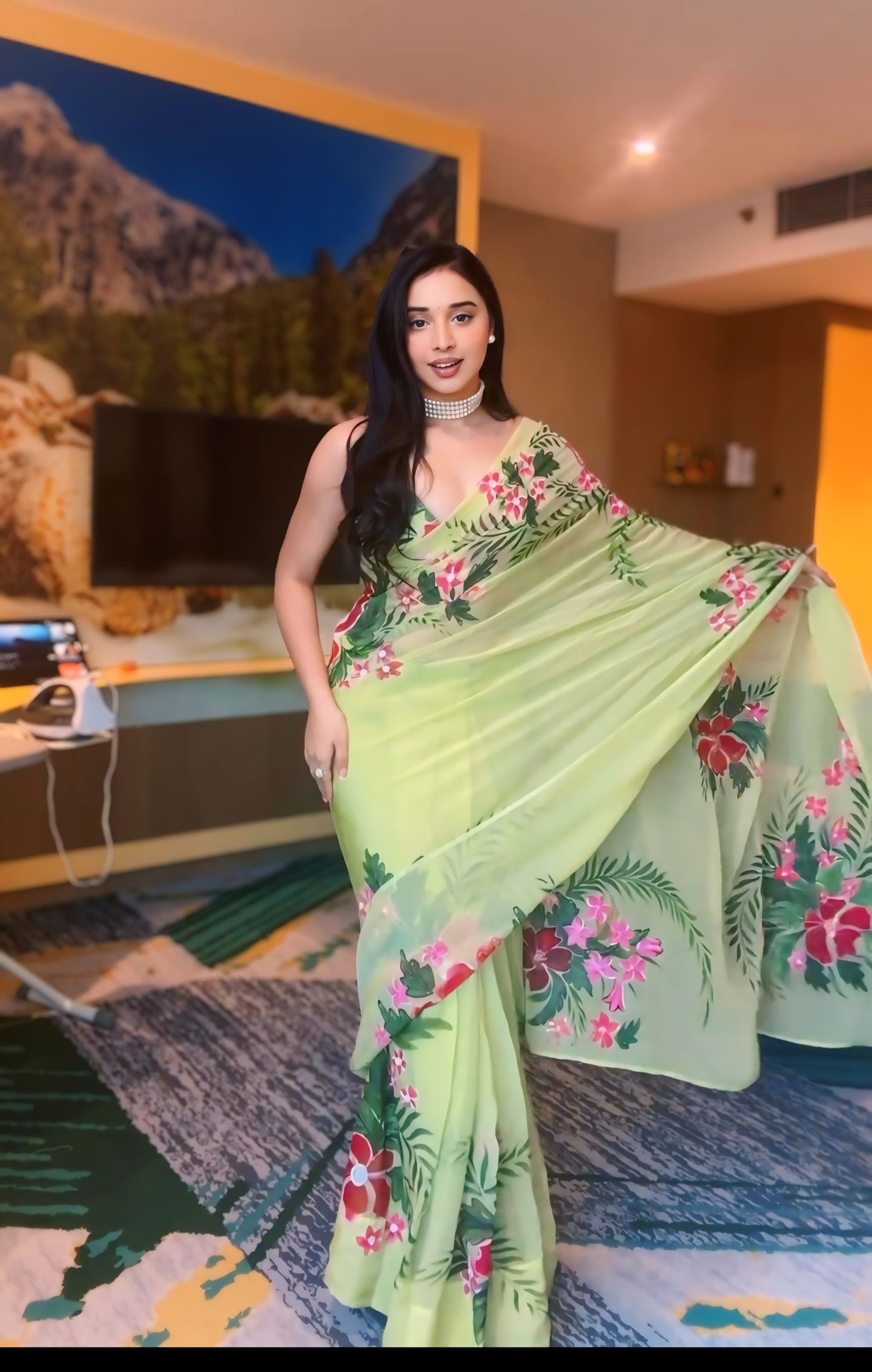 Pistachio Green Floral Ready to Wear Georgette Saree