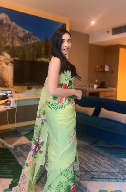 Pistachio Green Floral Ready to Wear Georgette Saree