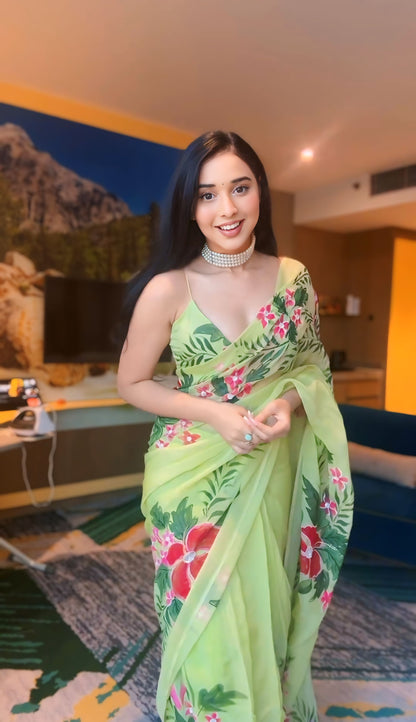 Pistachio Green Floral Ready to Wear Georgette Saree