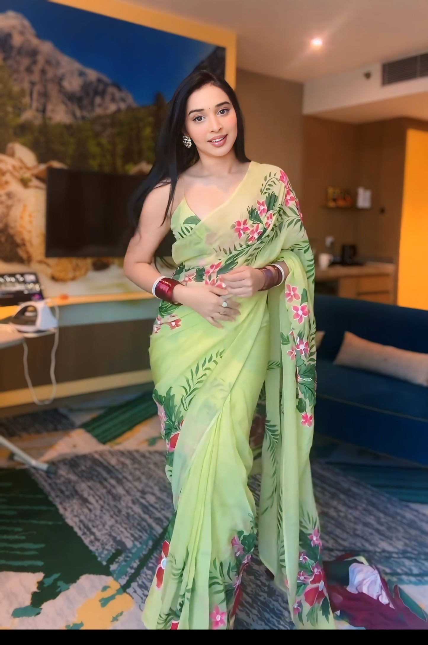 Pistachio Green Floral Ready to Wear Georgette Saree