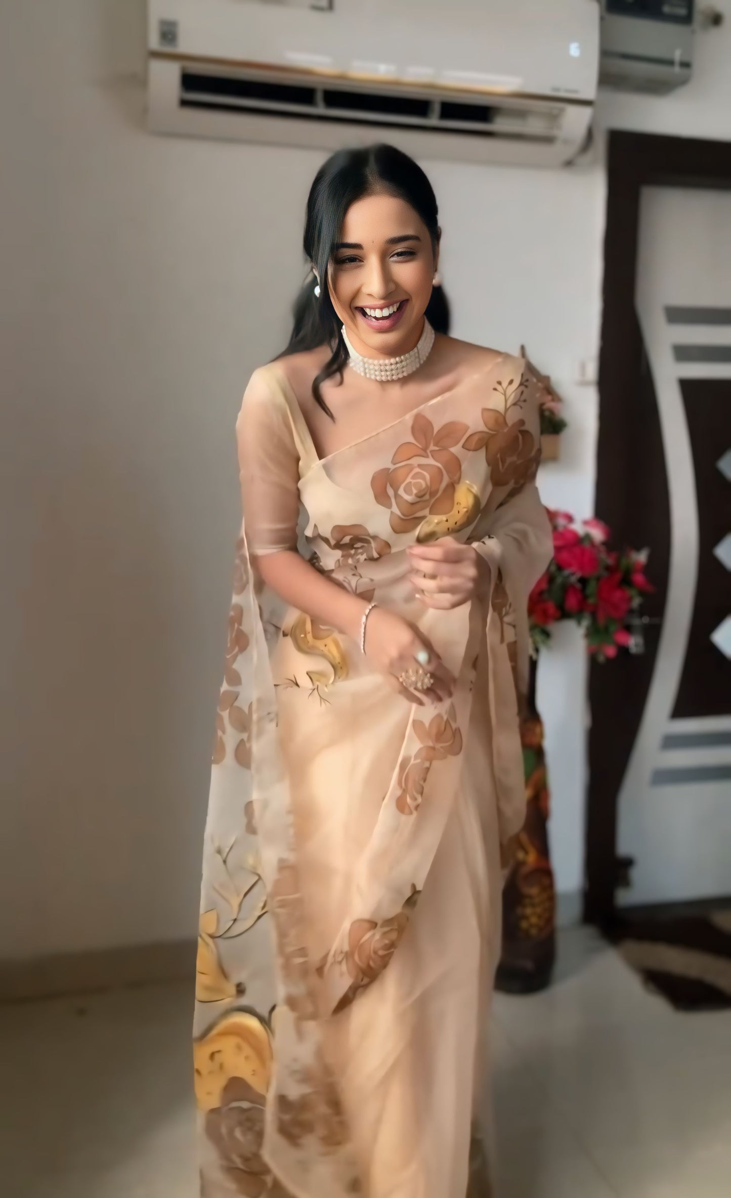Beige Floral Hand-Painted Linen Ready To Wear Saree