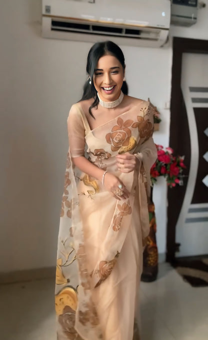 Beige Floral Hand-Painted Linen Ready To Wear Saree