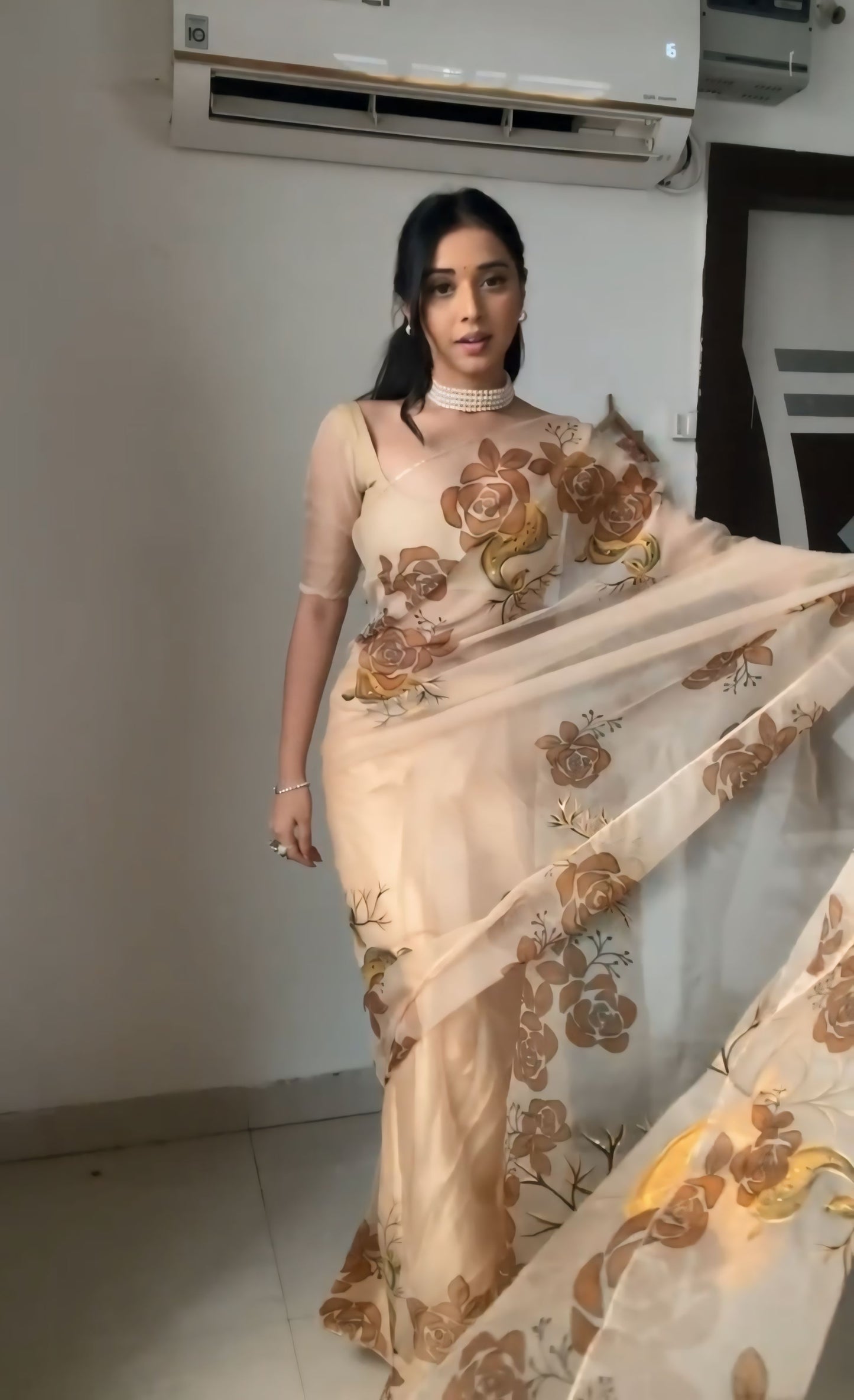 Beige Floral Hand-Painted Linen Ready To Wear Saree