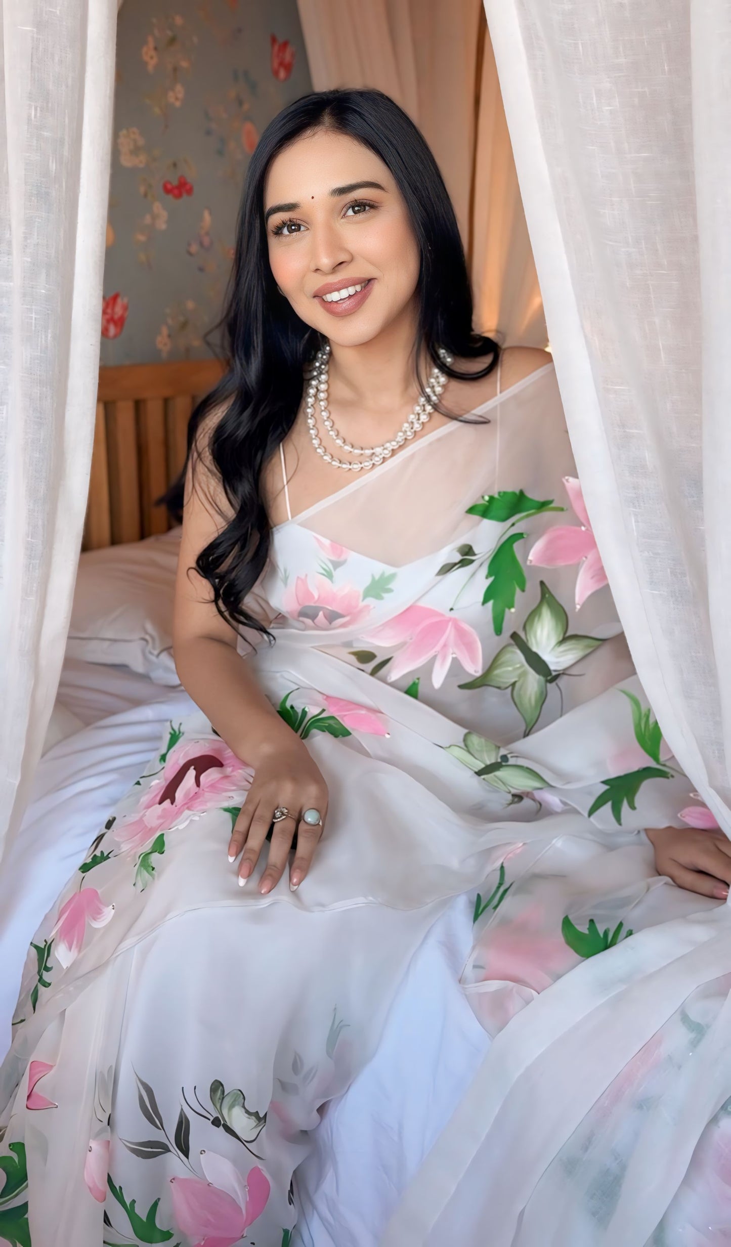 White Floral Print Linen Ready to Wear Saree