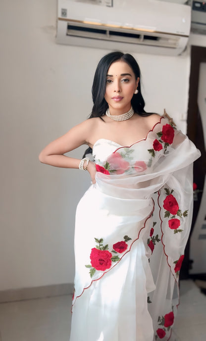 White Organza Ready to Wear Saree with Red Rose Embroidery