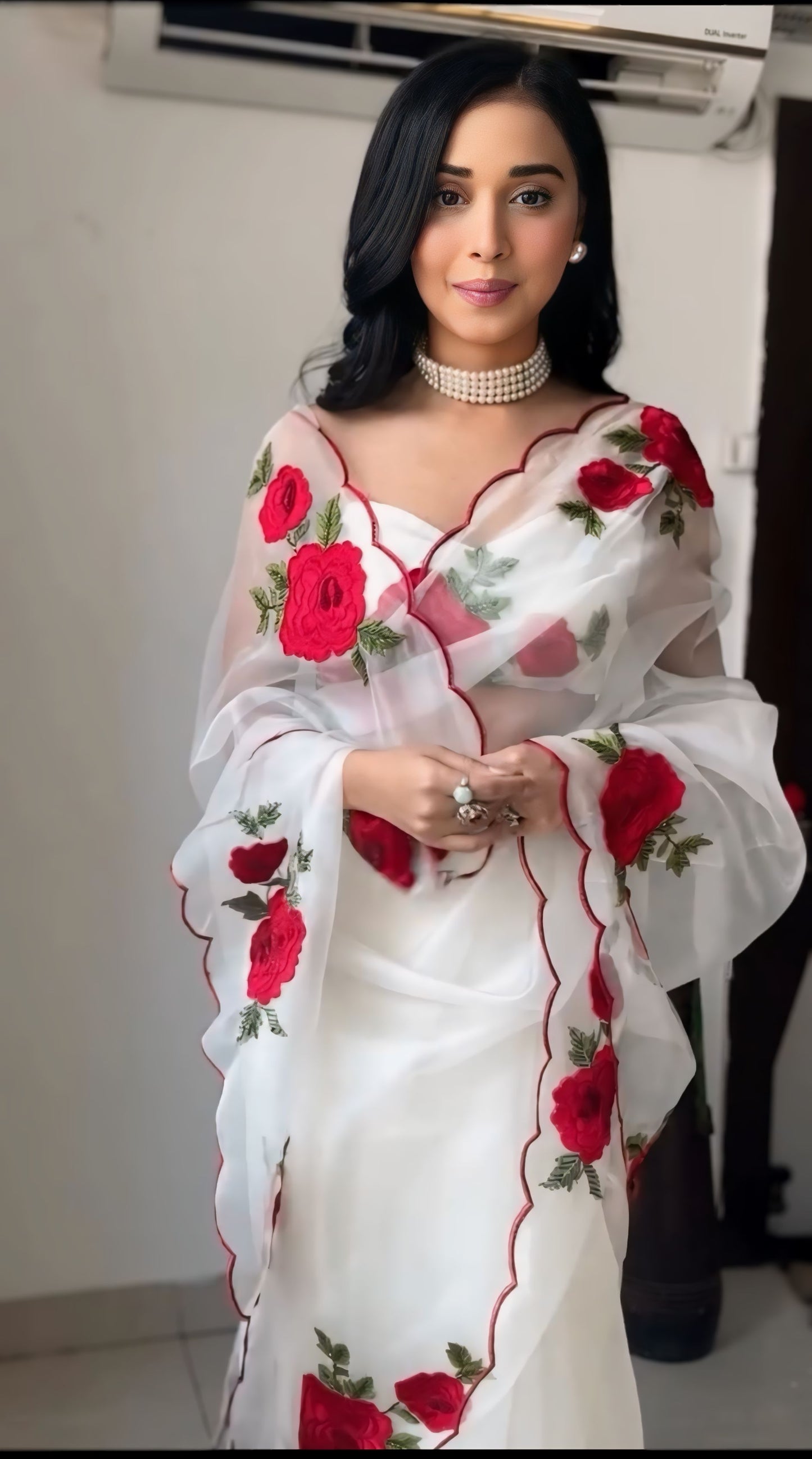 White Organza Ready to Wear Saree with Red Rose Embroidery