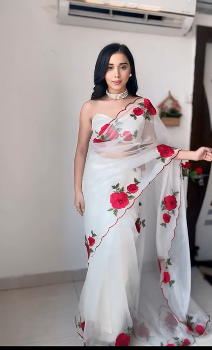 White Organza Ready to Wear Saree with Red Rose Embroidery