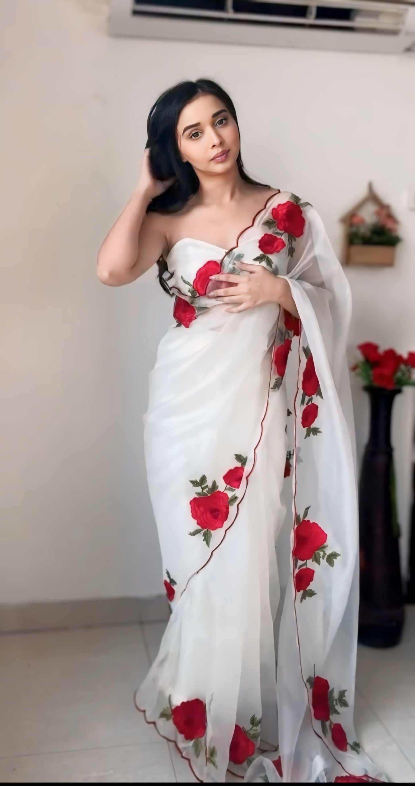 White Organza Ready to Wear Saree with Red Rose Embroidery
