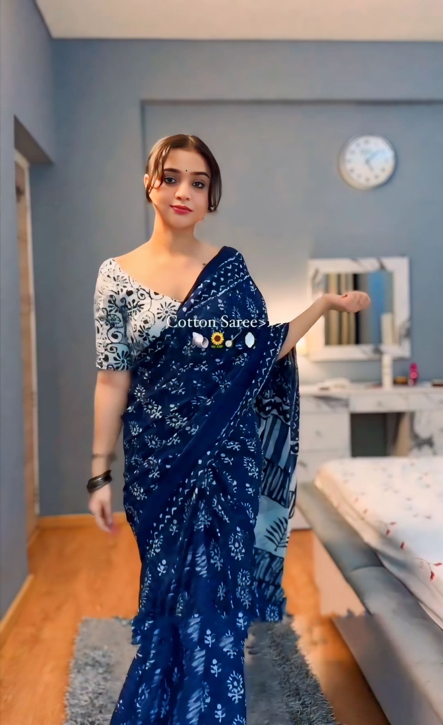 Elegant Indigo Blue Linen Ready to Wear Saree with Block Print