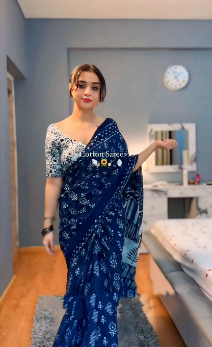 Elegant Indigo Blue Linen Ready to Wear Saree with Block Print