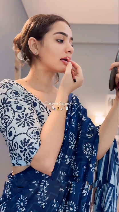 Elegant Indigo Blue Linen Ready to Wear Saree with Block Print