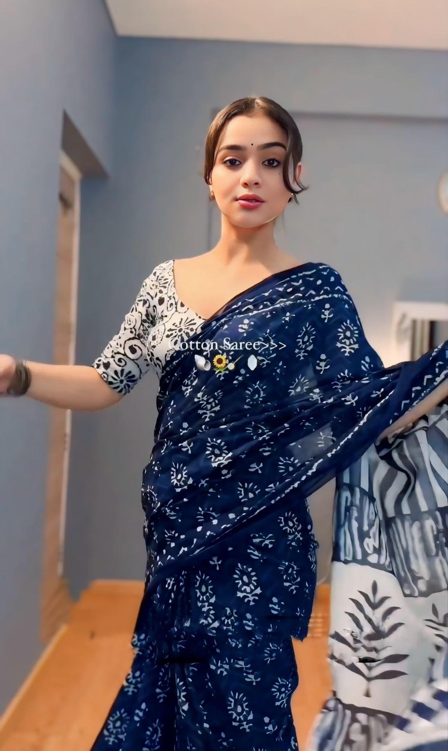 Elegant Indigo Blue Linen Ready to Wear Saree with Block Print