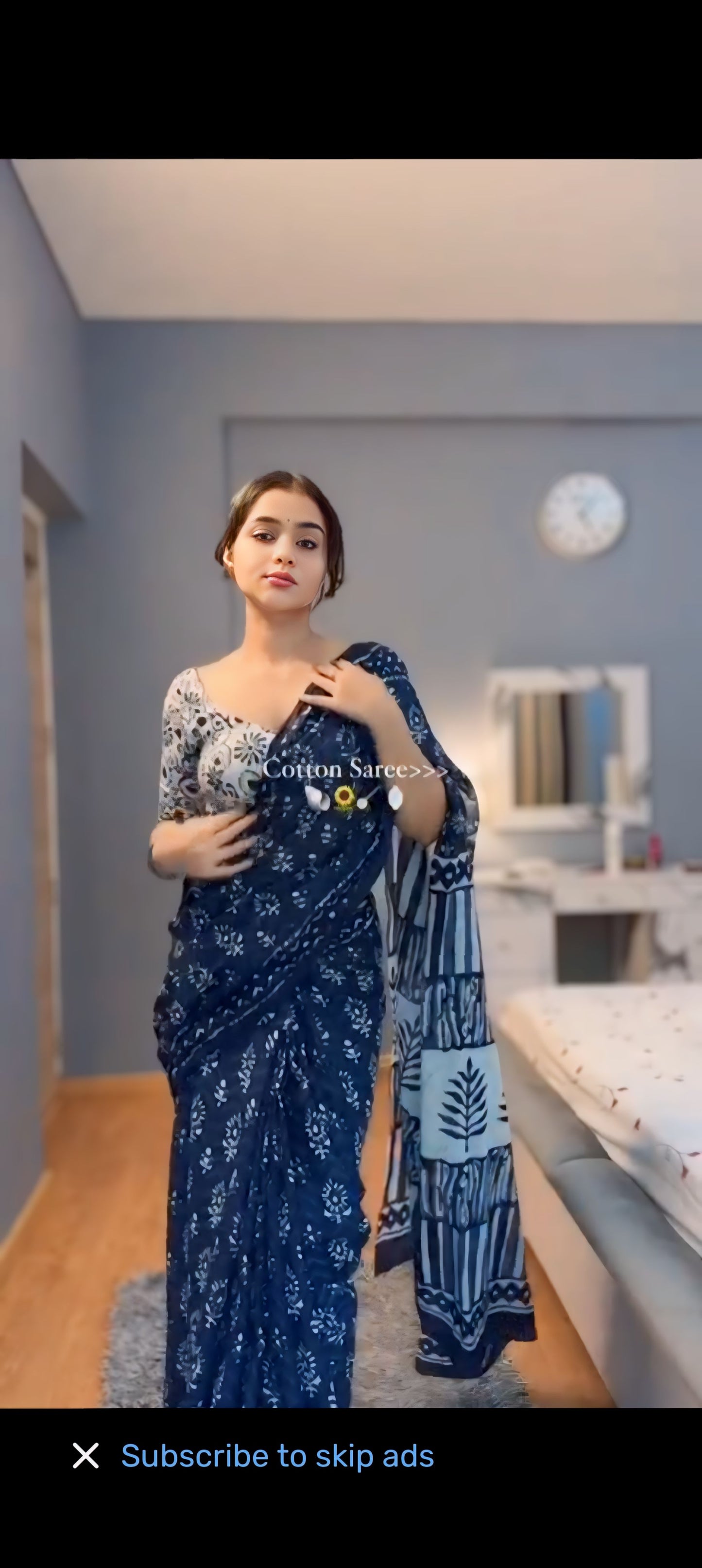 Elegant Indigo Blue Linen Ready to Wear Saree with Block Print