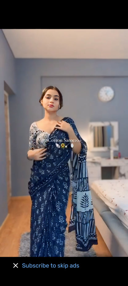 Elegant Indigo Blue Linen Ready to Wear Saree with Block Print