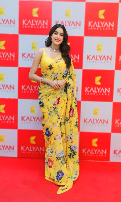 Elegant Yellow Floral Print Georgette Ready to Wear Saree