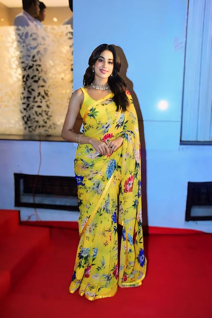 Elegant Yellow Floral Print Georgette Ready to Wear Saree