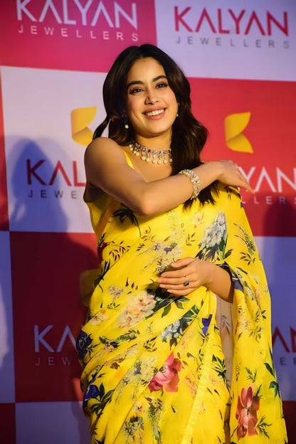 Elegant Yellow Floral Print Georgette Ready to Wear Saree
