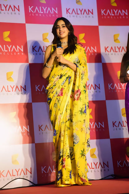 Elegant Yellow Floral Print Georgette Ready to Wear Saree