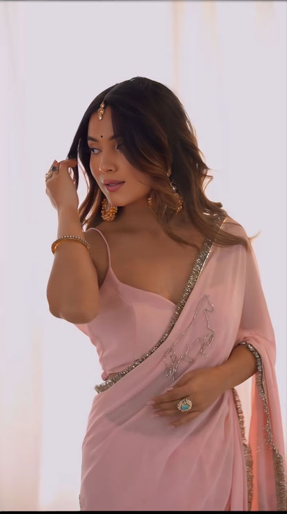 Blush Pink Georgette Ready to Wear Saree with Silver Border