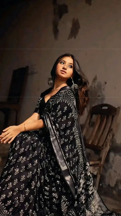Elegant Black Block Printed Linen Ready to Wear Saree