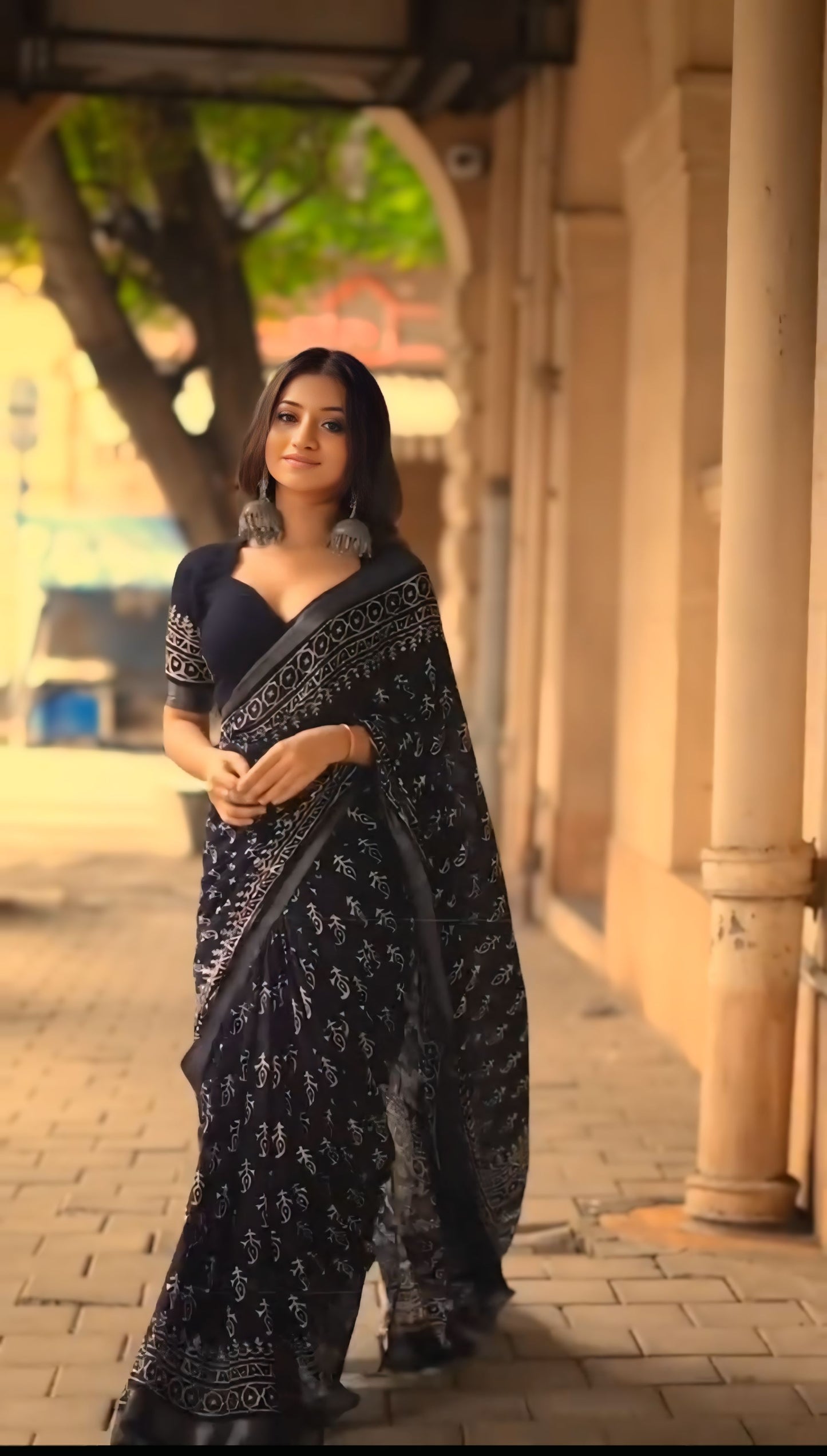 Elegant Black Block Printed Linen Ready to Wear Saree