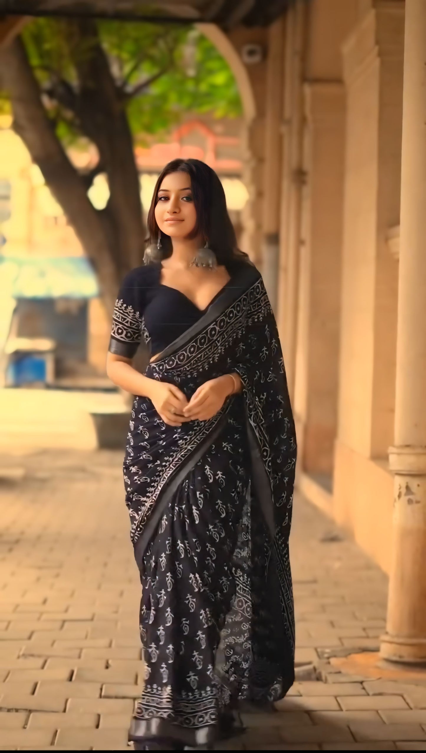 Elegant Black Block Printed Linen Ready to Wear Saree