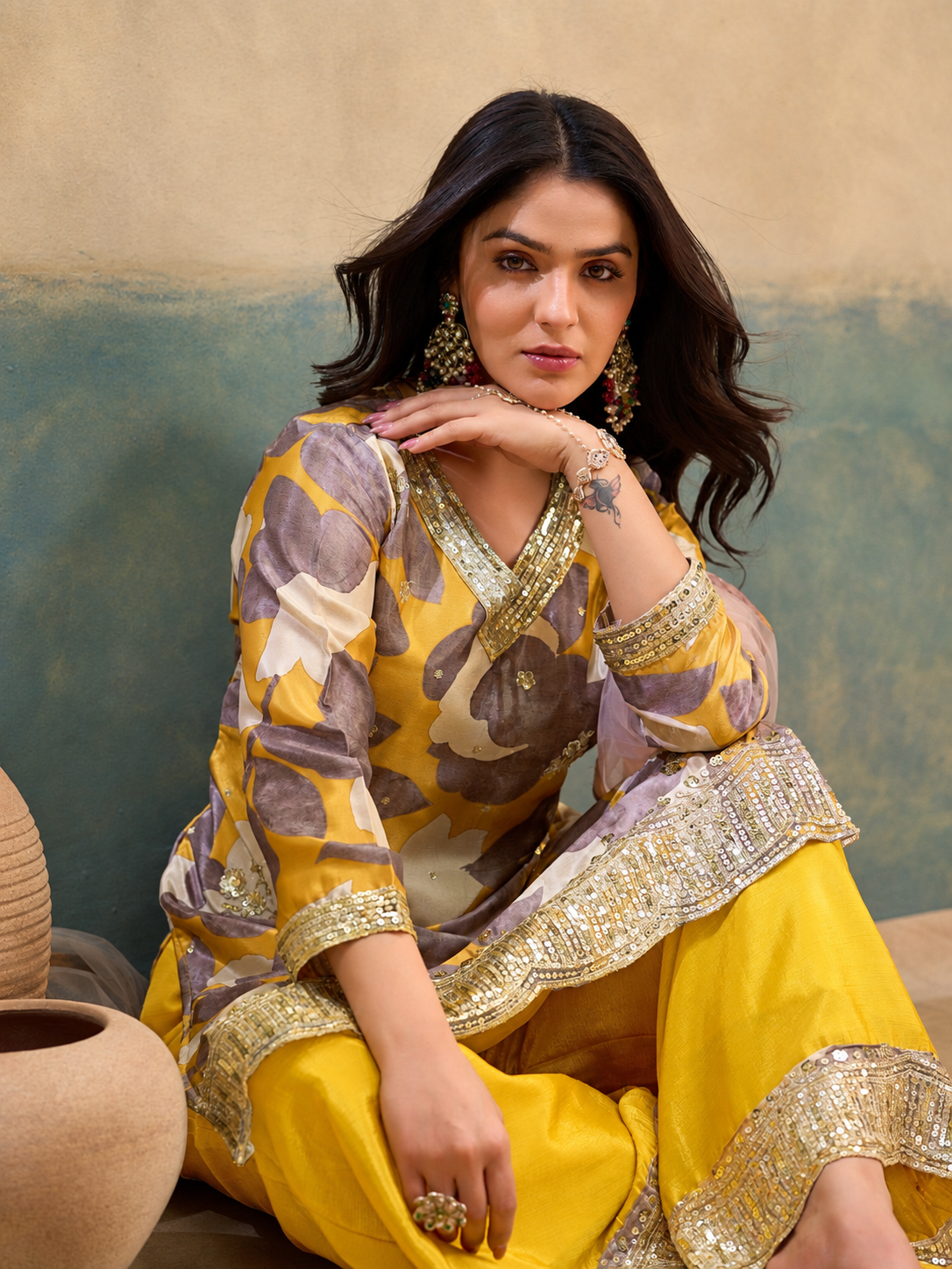 Floral Print Kurta Palazzo Set with Thread Embroidery