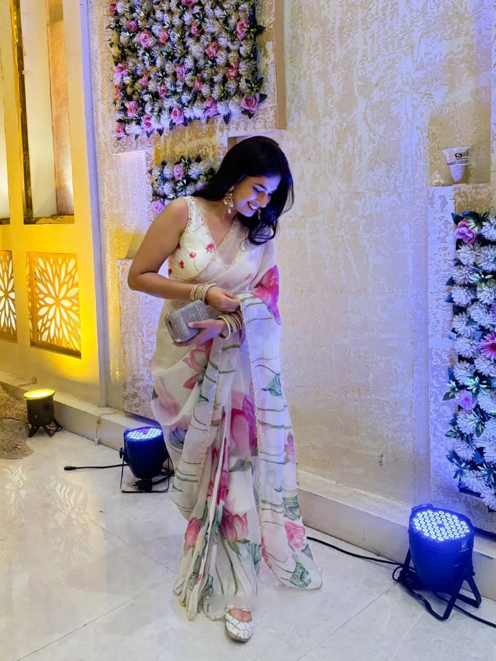 Floral Organza Ready to Wear Saree with Scalloped Border