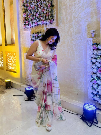 Floral Organza Ready to Wear Saree with Scalloped Border