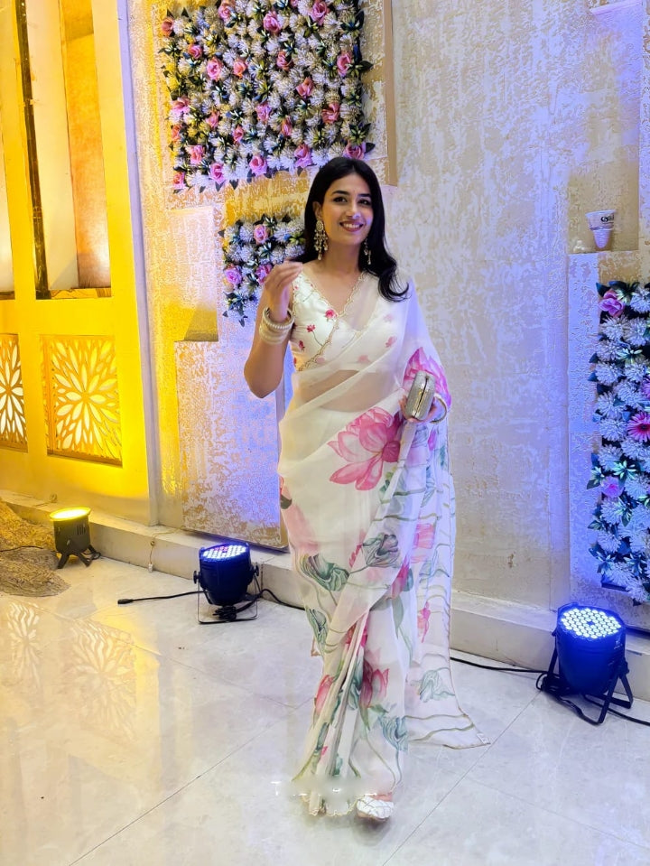 Floral Organza Ready to Wear Saree with Scalloped Border