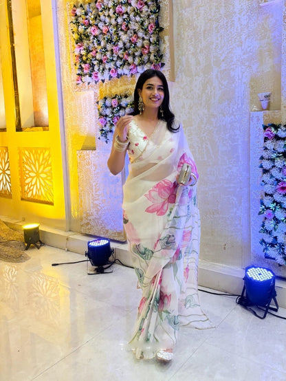 Floral Organza Ready to Wear Saree with Scalloped Border