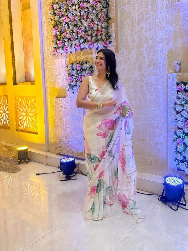 Floral Organza Ready to Wear Saree with Scalloped Border